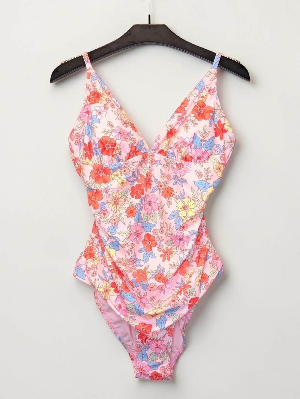 Cupshe Floral Ruched One Piece Swimsuit Tummy Control Bright Pink Orange NWT L